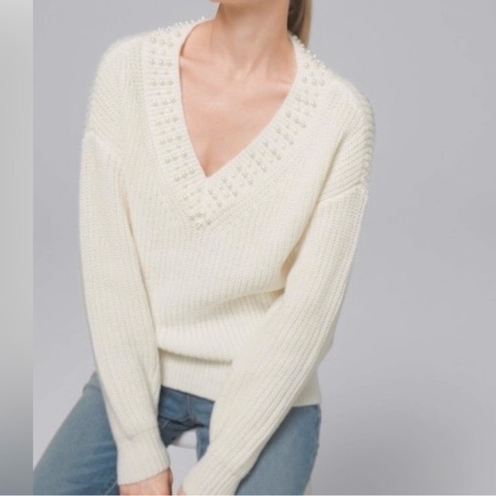 WHBM Sweater Pearl V-Neckline Ivory Chunky Knit Dolman Sleeve S Elegant Chic
